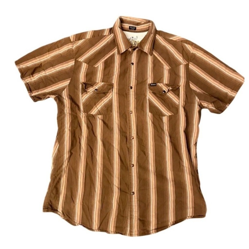 Bullhead Men's XL Brown Striped Pearl Snap Shirt S/S Vtg variegated bushwhacker - Picture 2 of 8